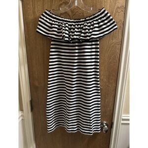 Kate Spade Stripe Off The Shoulder Dress Black White Sz XS Preppy Cute Cotton